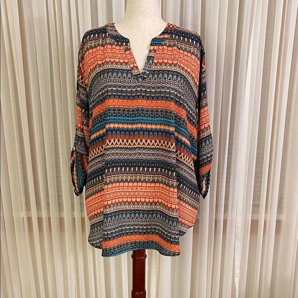 Cato Vibrant Patterned Tunic Top - Orange, Blue, Black